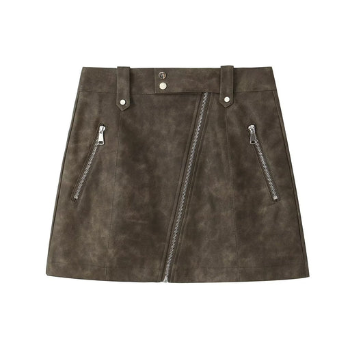 Color-Brown-Autumn Faux Leather Zipper Ornament All Match Skirt-Fancey Boutique
