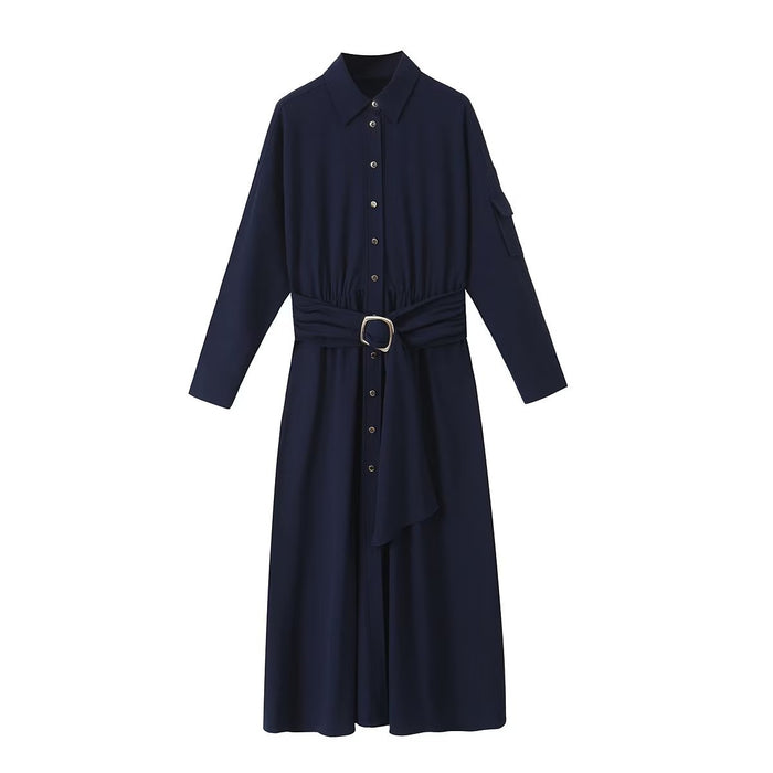 Color-Navy Blue-Autumn Women Clothing Street with Belt Midi Shirt Dress-Fancey Boutique