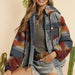 Color-Burgundy-Western Ethnic Aztec Woolen Patchwork Denim Hooded Jacket Old-Fancey Boutique