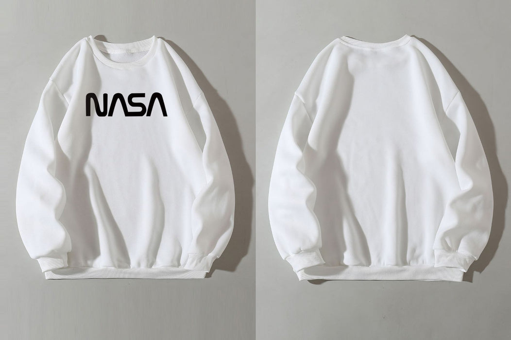 Color-White-Fleece Lined Crew Neck Sweater Women NASA Letter Graphic Print Fresh Casual Pullover Round Neck Long Sleeves T Shirt-Fancey Boutique
