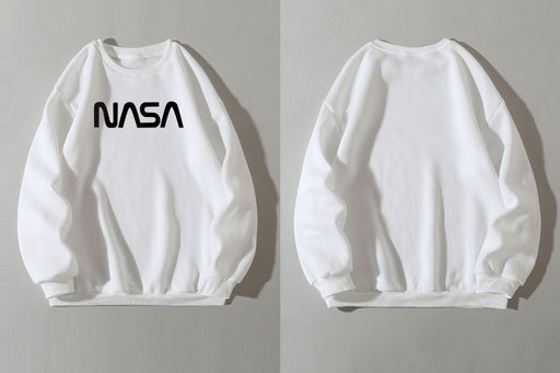 Color-White-Fleece Lined Crew Neck Sweater Women NASA Letter Graphic Print Fresh Casual Pullover Round Neck Long Sleeves T Shirt-Fancey Boutique