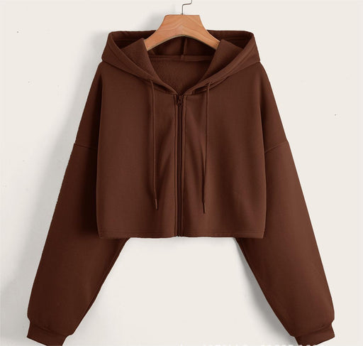 Color-Coffee-Spring Solid Color Black Hooded Dongdaemun Street Hipster Cotton Short Short Sweater Pullover Coat-Fancey Boutique