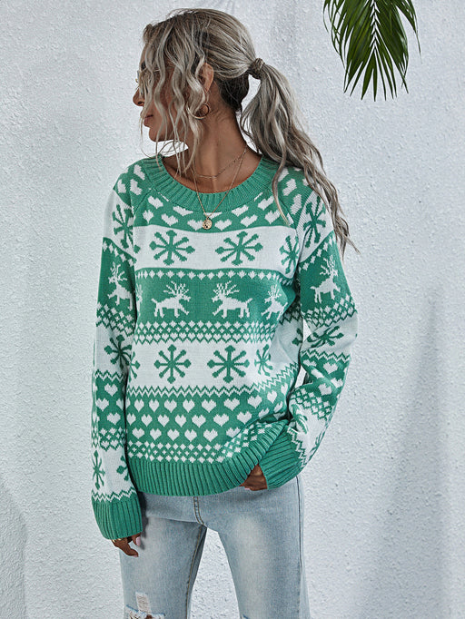 Color-Green-Christmas Sweater Women Elk Autumn Winter Knitted Round Neck Women Christmas Snowflake Pullover Women Sweater-Fancey Boutique