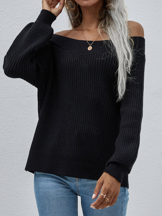 Color-Black-Off Shoulder Loose Sweater Autumn Winter Off Shoulder Solid Color Pullover Sweater Women-Fancey Boutique