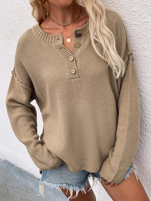 Color-Khaki-Autumn Winter Solid Color Pullover V Neck Sweater Women Street Hipster Sweater-Fancey Boutique