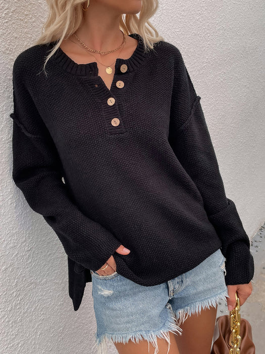 Color-Black-Autumn Winter Solid Color Pullover V Neck Sweater Women Street Hipster Sweater-Fancey Boutique