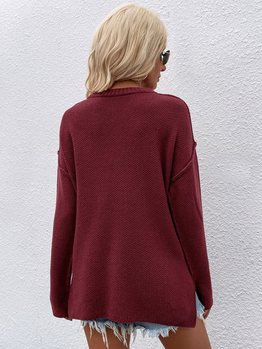 Color-Jujube Red-Autumn Winter Solid Color Pullover V Neck Sweater Women Street Hipster Sweater-Fancey Boutique