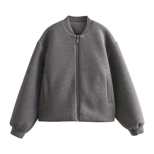 Color-Dark Grey-Fall Women Clothing Stand Collar Solid Color All Matching Bomber Jacket Casual Coat-Fancey Boutique
