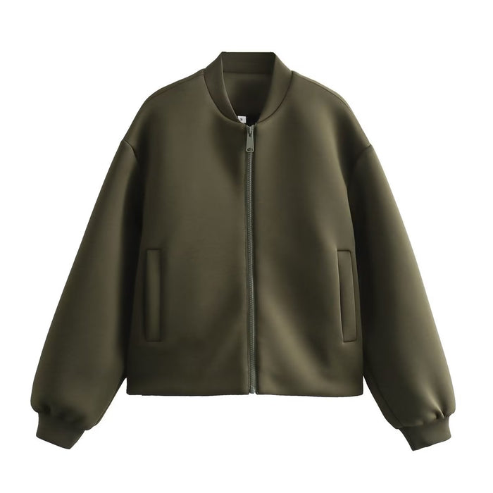 Color-Army Green-Fall Women Clothing Stand Collar Solid Color All Matching Bomber Jacket Casual Coat-Fancey Boutique