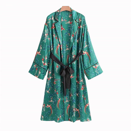 Color-Green-Phoenix Printed Satin Kimono Cardigan Women-Fancey Boutique