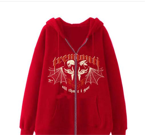 Color-Red-Online Printed Hoodie Personality Casual Zip Coat Trendy Women Clothing-Fancey Boutique