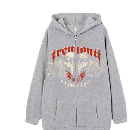 Color-Gray-Online Printed Hoodie Personality Casual Zip Coat Trendy Women Clothing-Fancey Boutique