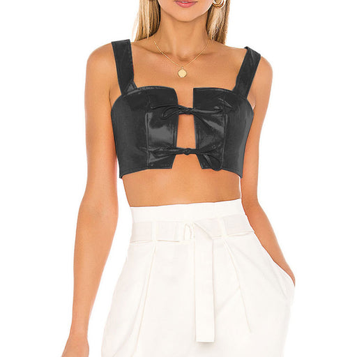 Spring Summer Sexy Nightclub Short Top Sexy Lace-up Patent Leather Faux Leather cropped Cropped Outfit Sling-Black-Fancey Boutique