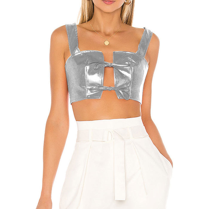 Spring Summer Sexy Nightclub Short Top Sexy Lace-up Patent Leather Faux Leather cropped Cropped Outfit Sling-Fancey Boutique