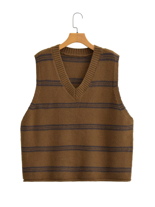 Color-Brown-Fall Women Clothing Fashionable All Match Sleeveless Striped Vest-Fancey Boutique