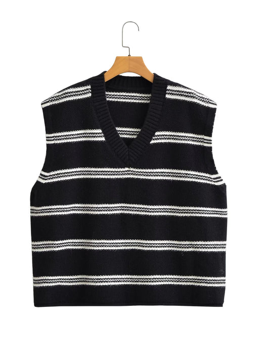 Color-Black-Fall Women Clothing Fashionable All Match Sleeveless Striped Vest-Fancey Boutique