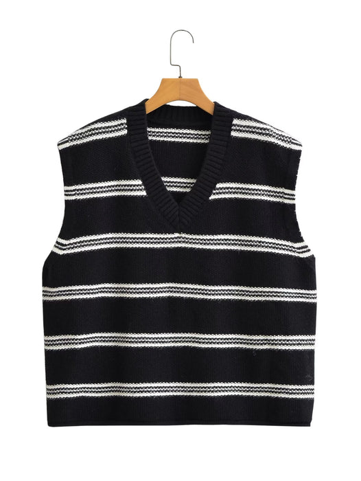 Color-Black-Fall Women Clothing Fashionable All Match Sleeveless Striped Vest-Fancey Boutique