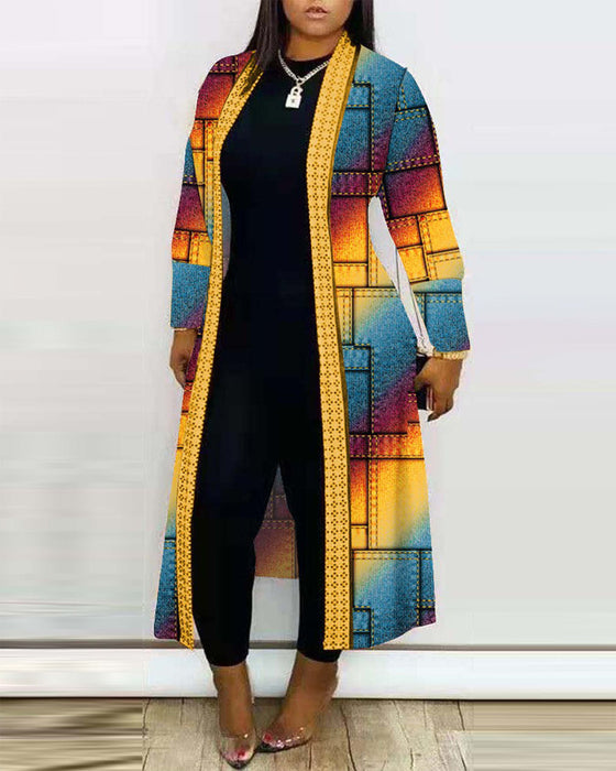 Color-Yellow-Women Autumn Long Sleeve Printed Cardigan Shawl-Fancey Boutique