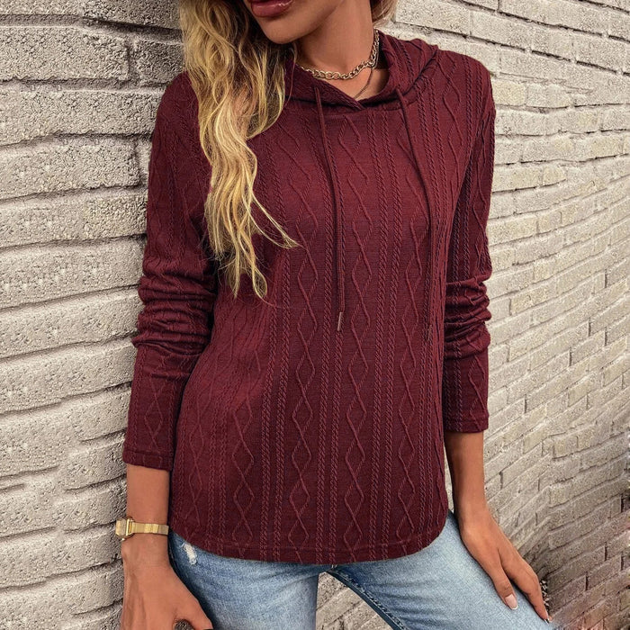 Color-Burgundy-Women Solid Color Long Sleeve Hooded Pullover Sweat-Fancey Boutique