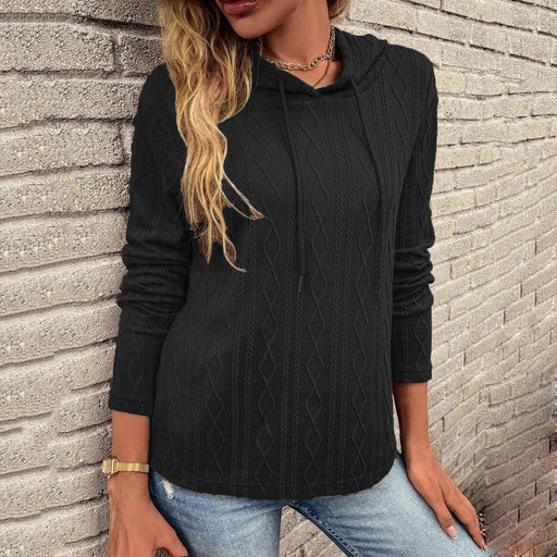 Color-Black-Women Solid Color Long Sleeve Hooded Pullover Sweat-Fancey Boutique