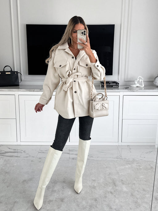 Color-White-Women Autumn Winter Fashion Belt Solid Color Woolen Jacket-Fancey Boutique