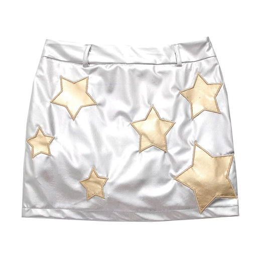 Color-Silver-Metallic Coated Fabric Five Pointed Star Decorative Design Skirt Elegant Faux Leather High Waist Skirt Fresh Western A Line Skirt Women-Fancey Boutique