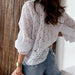 Color-Ladies Shirt Pure Cotton Casual Hollow Out Cutout Design Lantern Long Sleeve Button Shirt-Fancey Boutique