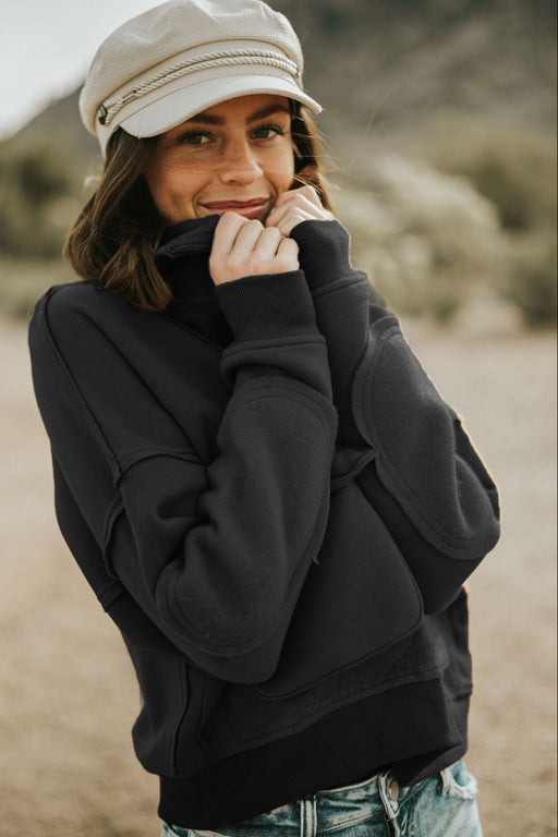 Color-Black-Autumn Winter Women Sweater Solid Color Sanding Big Pocket Loose Lapels Pullover-Fancey Boutique