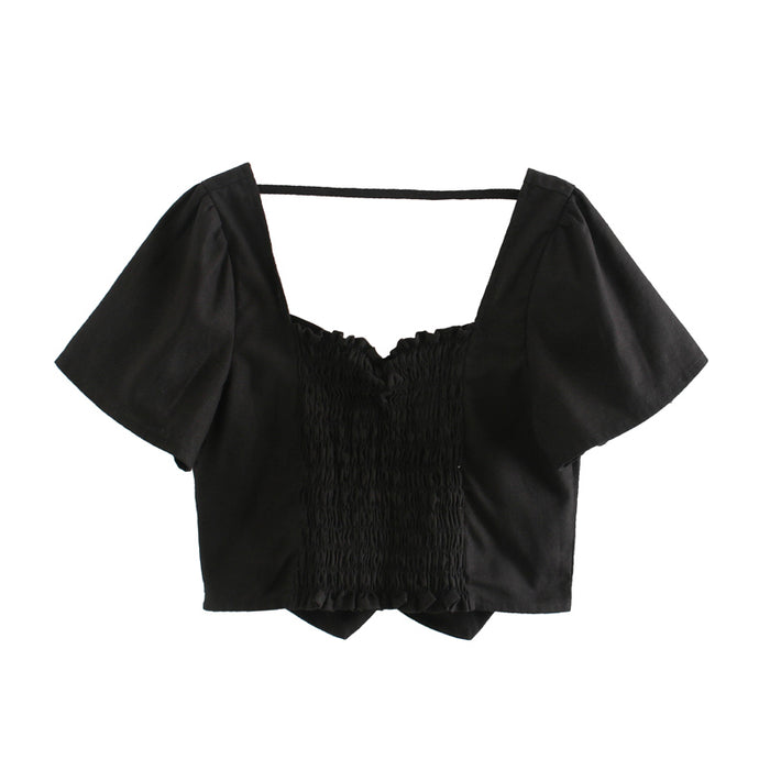 Color-Black-Summer Women Clothing Retro Sneaky Design Love Elastic Back Bow Small Top-Fancey Boutique