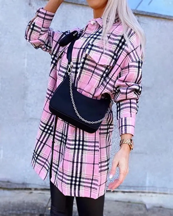 Color-Pink-Women Autumn Winter Plaid Woolen Coat-Fancey Boutique