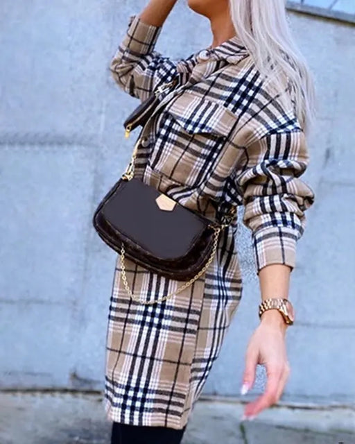 Color-Khaki-Women Autumn Winter Plaid Woolen Coat-Fancey Boutique