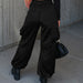 Color-Black-Ladies Fall Overalls Satin Thick High Waist Multi Pocket Loose Ankle Tied Trousers-Fancey Boutique