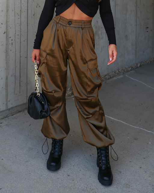 Color-Army Green-Ladies Fall Overalls Satin Thick High Waist Multi Pocket Loose Ankle Tied Trousers-Fancey Boutique