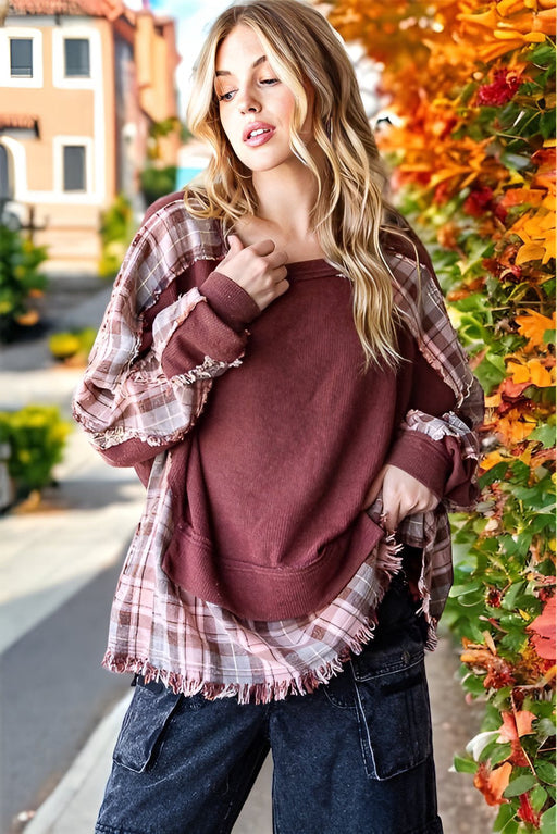 Color-Dark Red-Ladies Autumn Top Cotton Waffle Plaid Stitching Washed Frayed Hem Design Loose Sweater-Fancey Boutique