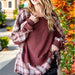 Color-Dark Red-Ladies Autumn Top Cotton Waffle Plaid Stitching Washed Frayed Hem Design Loose Sweater-Fancey Boutique