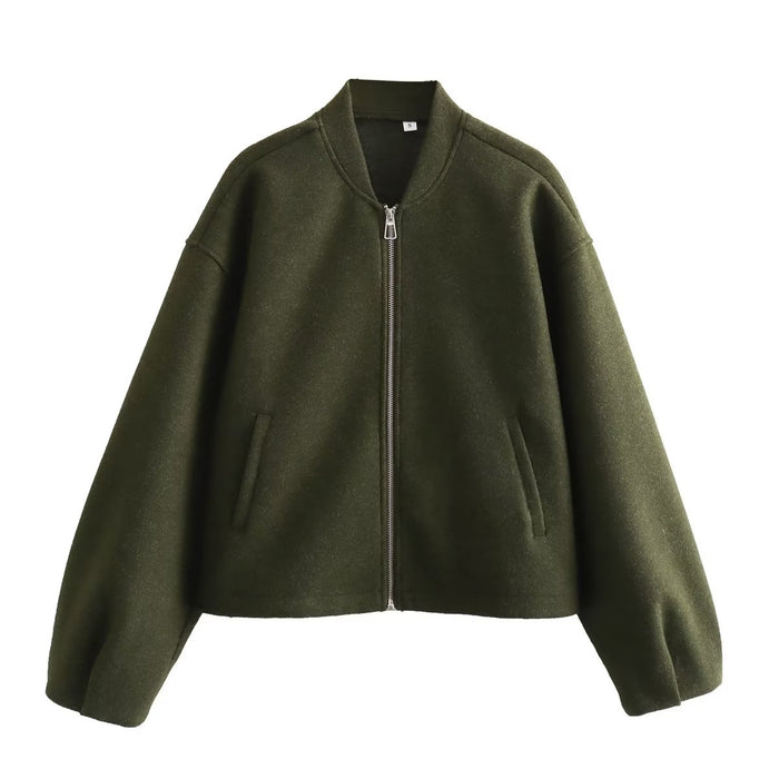 Color-Army Green-Unisex Decoration Solid Color Stand Collar Fall Winter Coat Long Sleeve Zipper-Fancey Boutique