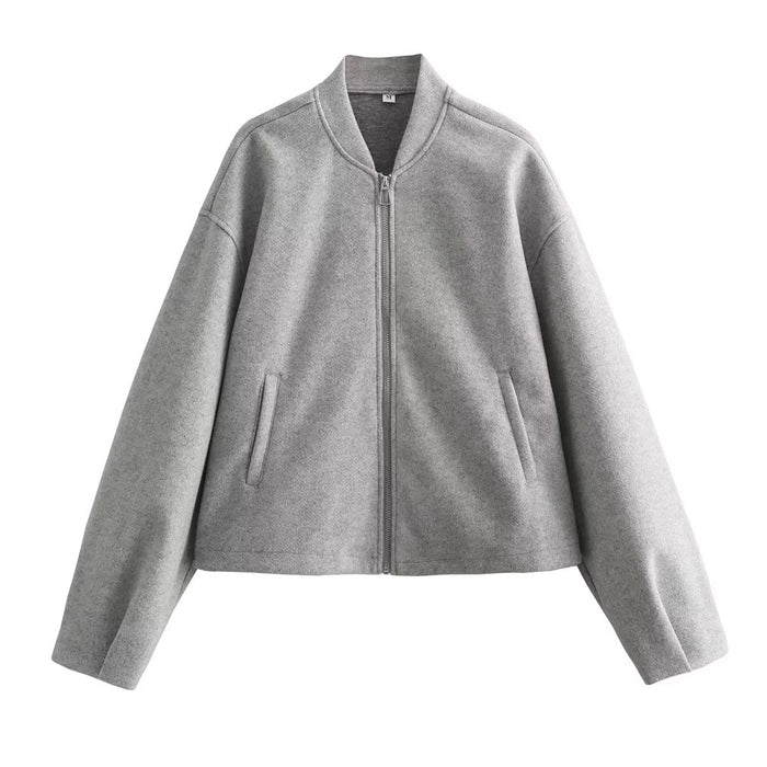 Color-Gray-Unisex Decoration Solid Color Stand Collar Fall Winter Coat Long Sleeve Zipper-Fancey Boutique
