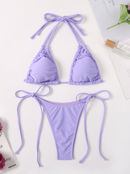 Color-Purple-Women Drawstring Lace Split Swimsuit Sexy Bikini-Fancey Boutique