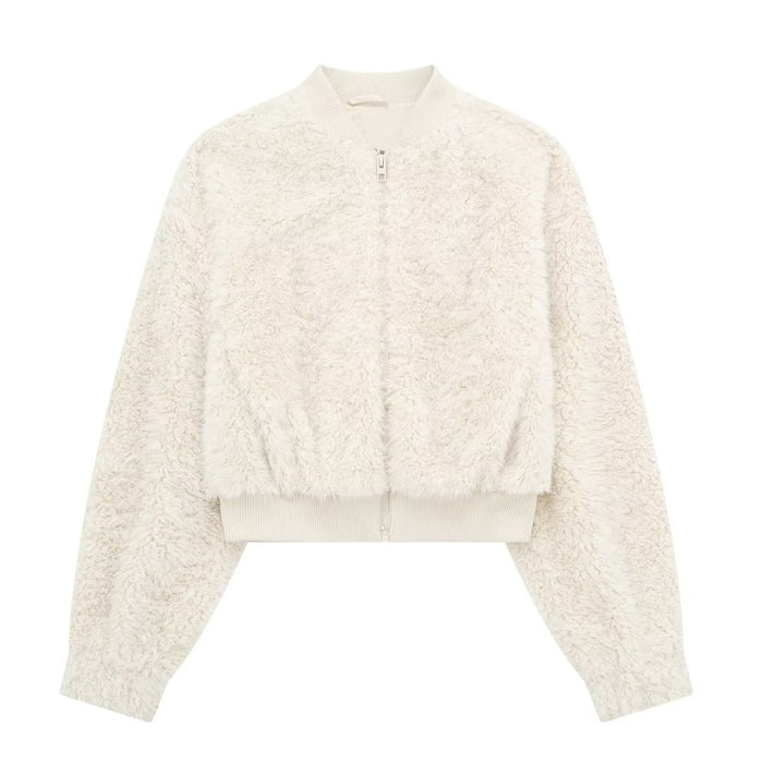 Color-White-Autumn Winter Faux Fur Effect Fleece Short Bomber Jacket Coat Women-Fancey Boutique