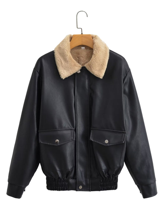 Color-Black-Fall Women Clothing Rabbit Fur Collar Biker Leather Jacket-Fancey Boutique