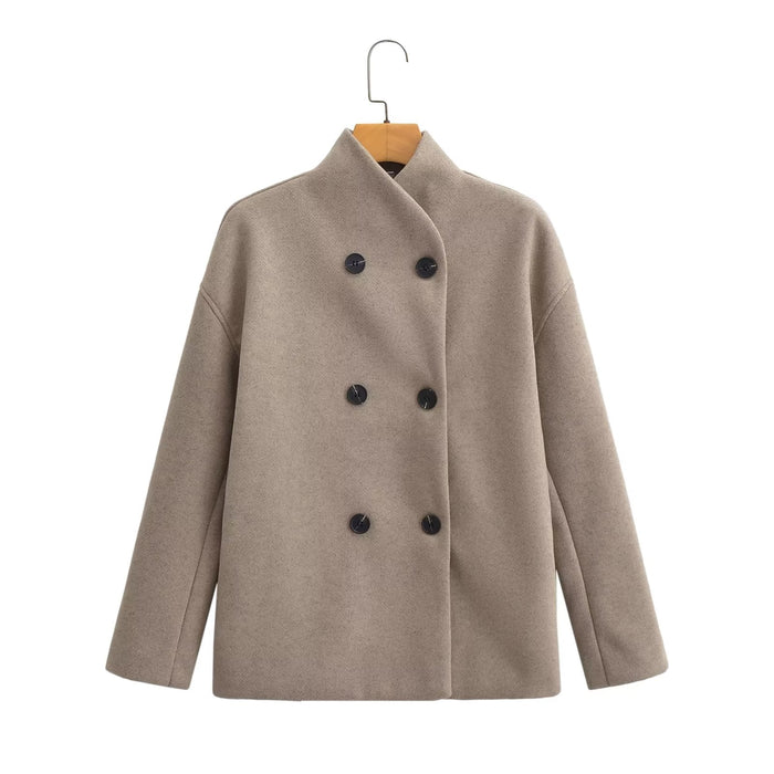 Color-Khaki-Fall Women Clothing Office Double Breasted Two Tone Woolen Coat-Fancey Boutique