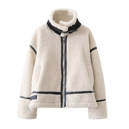 Color-White-Autumn Women Clothing Street Casual Fleece Stand up Collar Jacket-Fancey Boutique