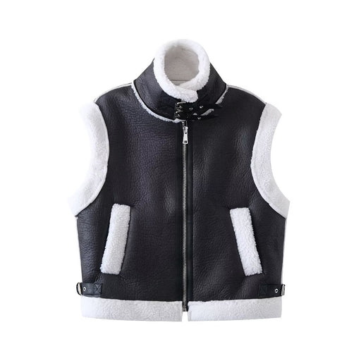 Color-Black-Faux Shearling Jacket Lamb Fur Vest Winter Thick Loose Slimming Waistcoat Lambswool Motorcycle Jacket-Fancey Boutique