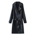 Color-Black-Women Clothing Autumn French Collared Double Breasted Mid Length Slim Leather Coat-Fancey Boutique