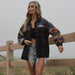 Color-Navy Blue-Autumn Winter Aztec Plaid Stitching Woolen Coat Polo Collar Jacket Top-Fancey Boutique