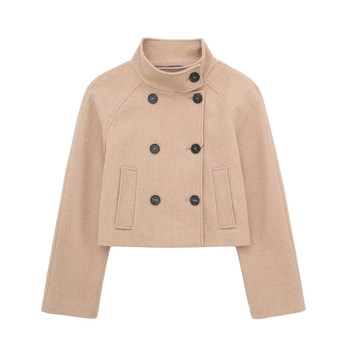 Color-Multi-Autumn Women Clothing Double Breasted Woolen Khaki Short Overcoat Jacket-Fancey Boutique