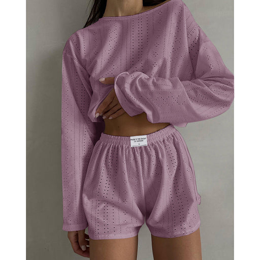 Color-Lavender-Autumn Ladies Simple Slim Fit Loose Pullover Top Shorts Set-Fancey Boutique
