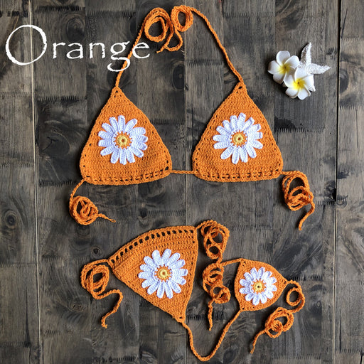 Color-Orange-Vacation Split Swimsuit Hand-Woven Daisy Pattern Beach Bikini-Fancey Boutique