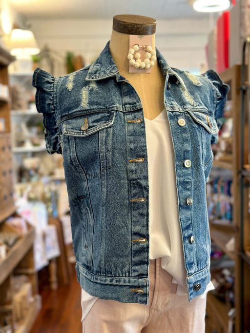 Color-Blue-Ladies Ripped Denim Collared Button Flying Sleeves Short Sleeve Jacket-Fancey Boutique