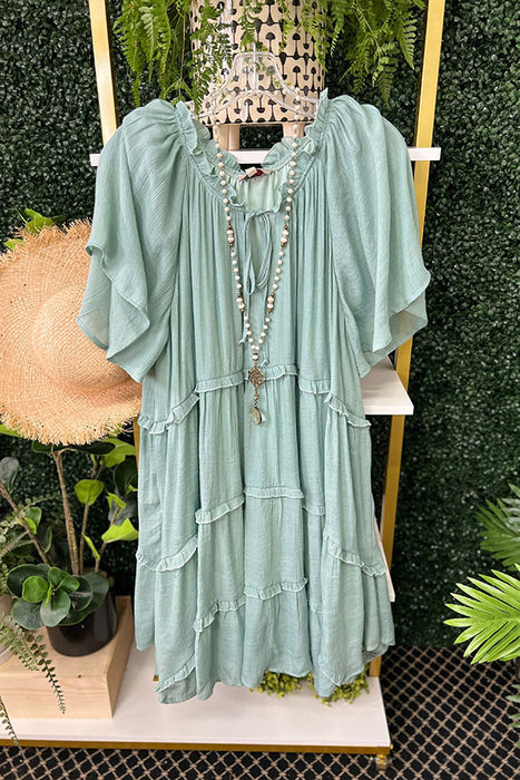 Color-Light Blue-Ladies Lotus Leaf Sleeve Gathers Multi Layer V neck Flounced Dress-Fancey Boutique